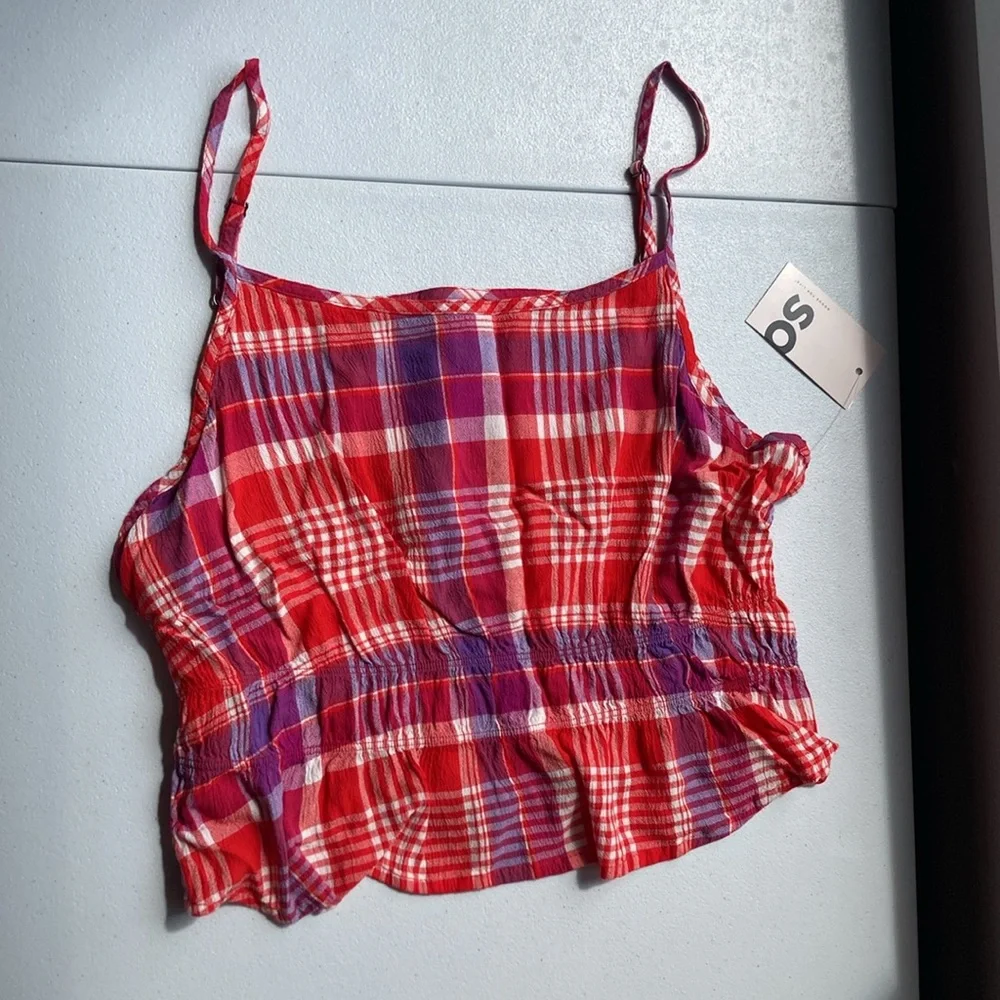 So Crop top red plaid cinch waist cropped tank top casual boho sleeveless - Picture 4 of 16